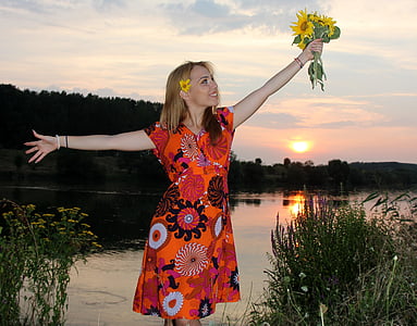 Gadis, matahari terbenam, bunga matahari, Danau, air, refleksi, pirang