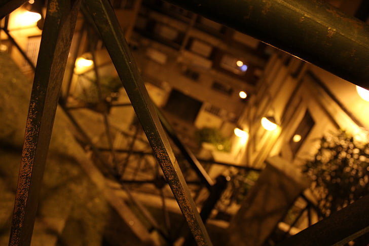 night, city, stairs, balusters, architecture, building, city ​​lights