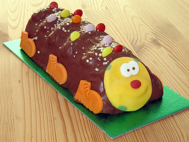 cake, birthday, celebration, chocolate, caterpillar, food, yummy