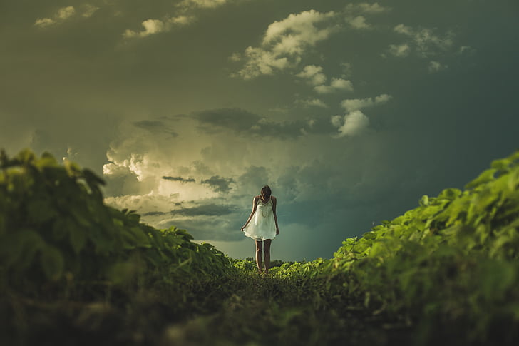clouds, dark clouds, dramatic, girl, lady, landscape, lonely