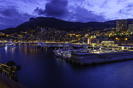 Mónaco, noche, Puerto, junto al mar, ciudad, luces de la noche, Marina