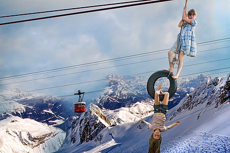 fotomontasje, barn, fjell, taubane, akrobatikk, snø, utendørs
