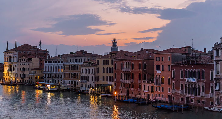 Wenecja, Włochy, Architektura, zachód słońca, Grand canal, łodzie, Europy