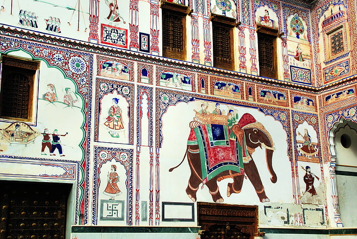 인도, rajastan, shekawati, mandawa, 프레스코, 벽, 그림