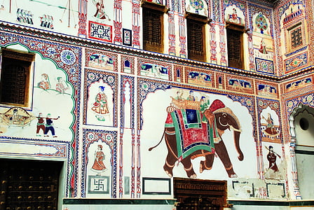 Índia, Rajastan, shekawati, Mandawa, afresco, parede, pinturas