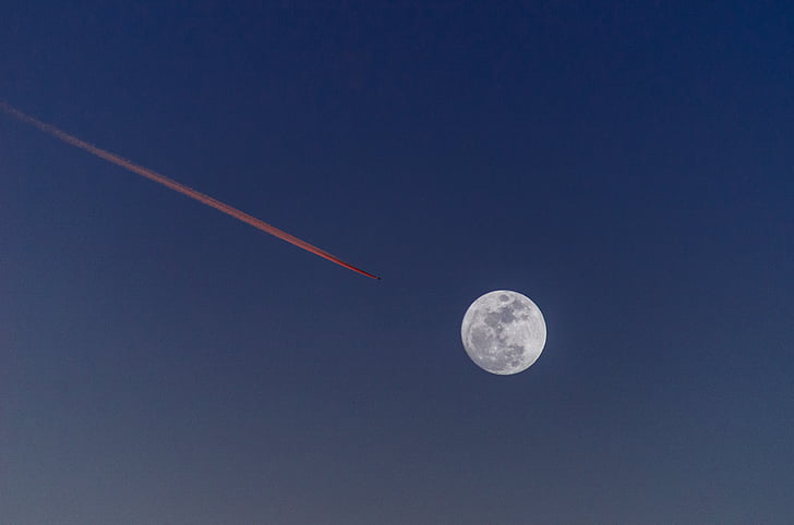 photo, jet, near, moon, blue, sky, spaceship
