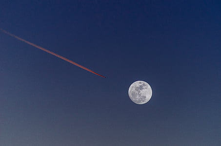 Foto, jet, u blizini, mjesec, plava, nebo, svemirski brod