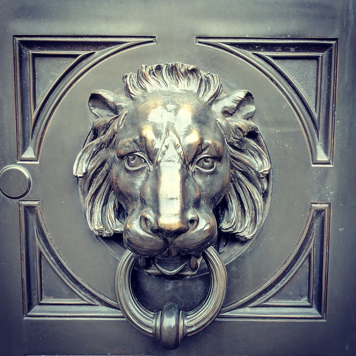 oroszlán, kopogtató, ajtó, fej, fém, bronz, dekoráció