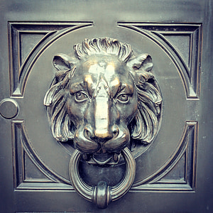 singa, pengetuk, pintu, kepala, logam, perunggu, dekorasi