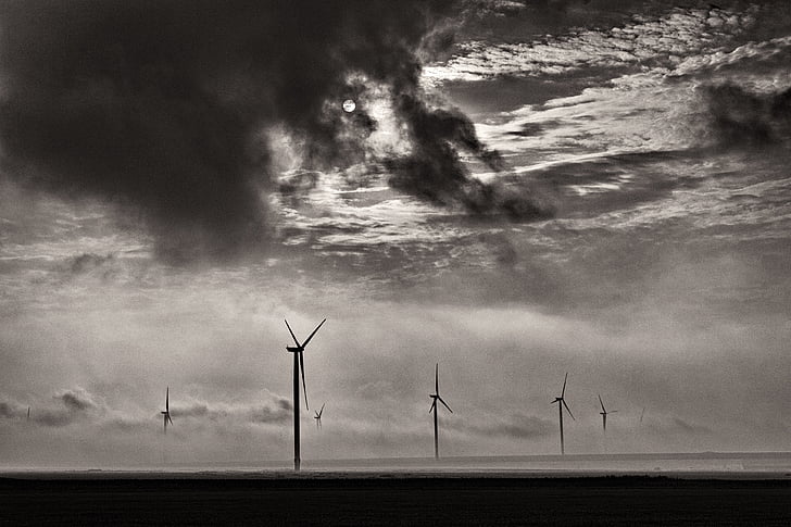 windmill, wind, wilderness, cloud, black and white, stormy