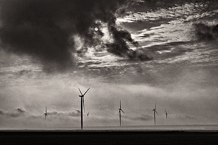 molino de viento, viento, desierto, nube, blanco y negro, tormentosa