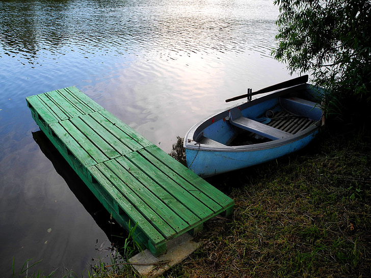 laiva, piestātne, ūdens, rowboat, dīķis, dīķa malu, ūdens līmenis