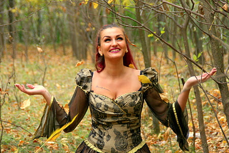 Pige, prinsesse, efterår, blade, gul, skov, rødt hår