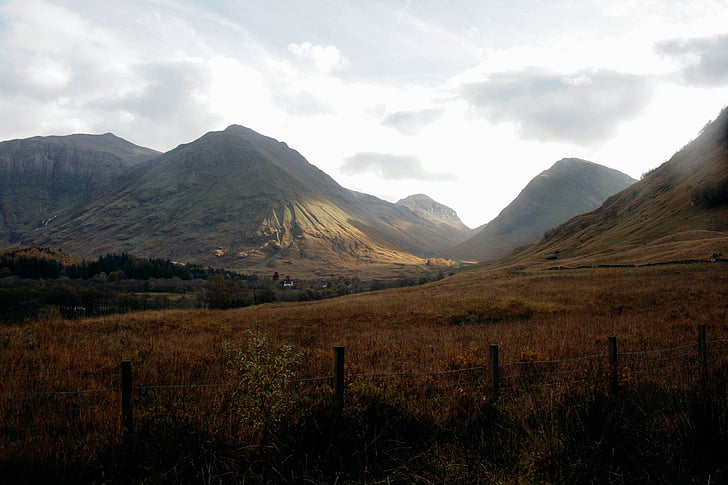 Zdjęcie, brązowy, drewniane, stanowisko, zachód słońca, góry, Highland