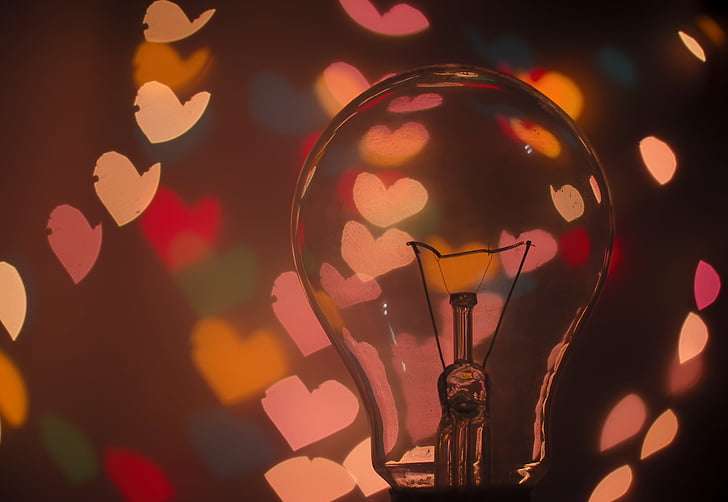 bulb, dark, hearts, lights, macro, illuminated, close-up