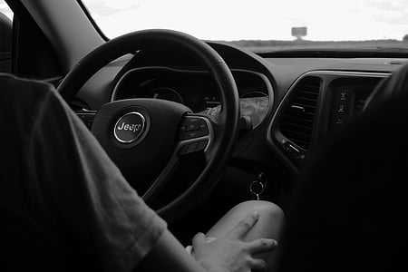 jeep, black and white, vehicle, car, driving, transportation, steering Wheel