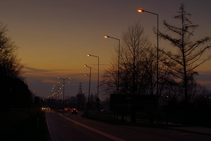 street, lamp, lighting, cars, night, twilight, evening