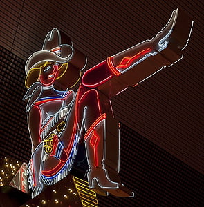 neon sign, las vegas, cowgirl, advertising, colorful, night, tourists