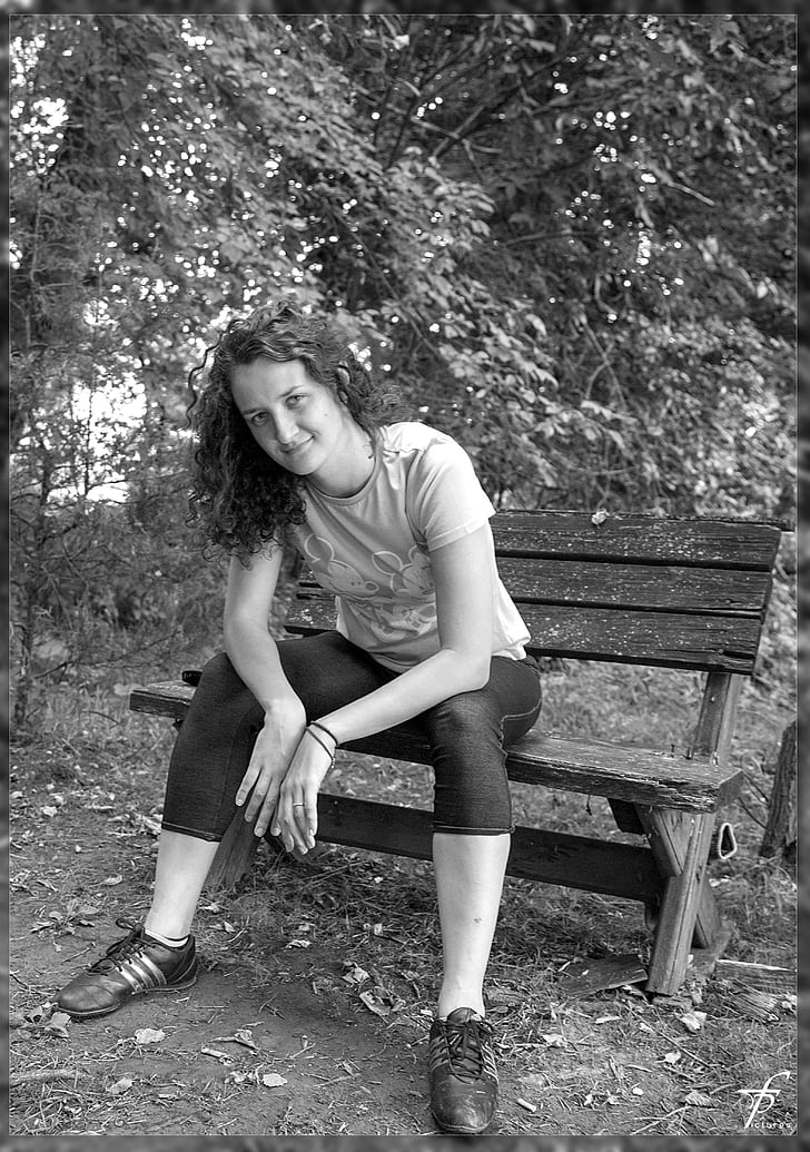 black white, bench, female, woman, beautiful, park, outdoors