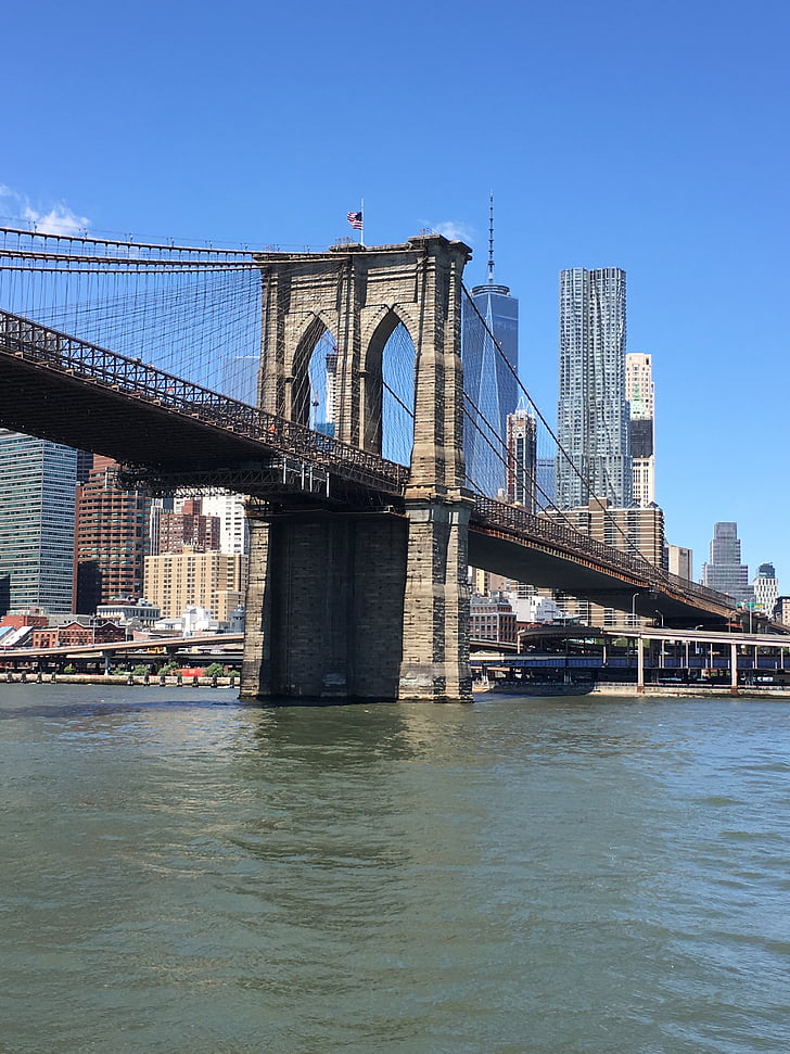 Brooklyn bridge, NYC, rivier, Manhattan, stad, het platform, gebouw