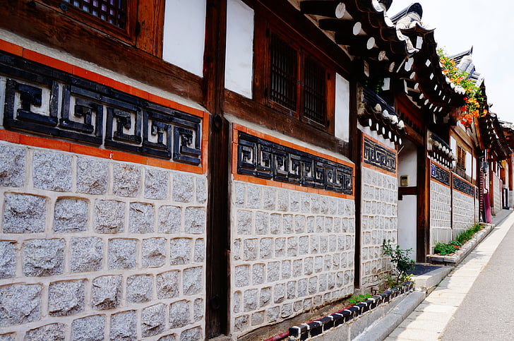 Koreja, Seoul, vecās modes, tradicionālā, ciems, māja, sienas