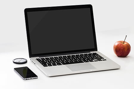 Jablko, počítač, psací stůl, přenosný počítač, MacBook pro, mobilní telefon, Maketa