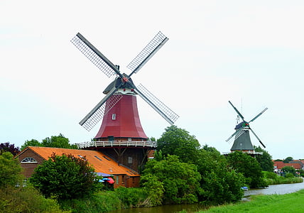 Ветряные мельницы, побережье, Северное море, Германия