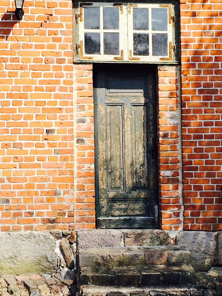 wooden door, brick, red, window, building, stone, wall