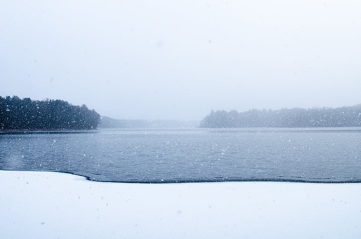 тяло, езеро, мъгла, времето, сняг, замръзнало езеро, студена температура