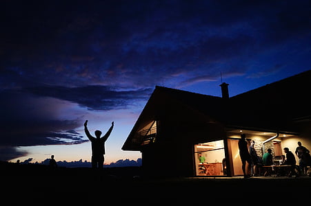 Cottage, tối, bạn bè, mọi người, Silhouette, bầu trời