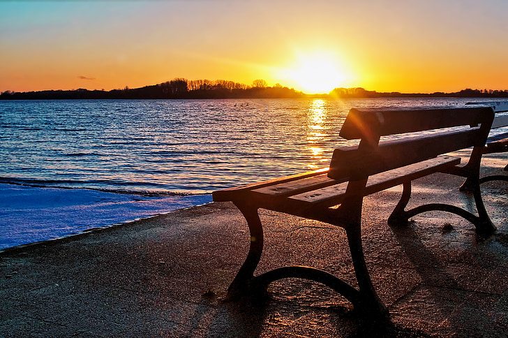 lake, bench, sunset