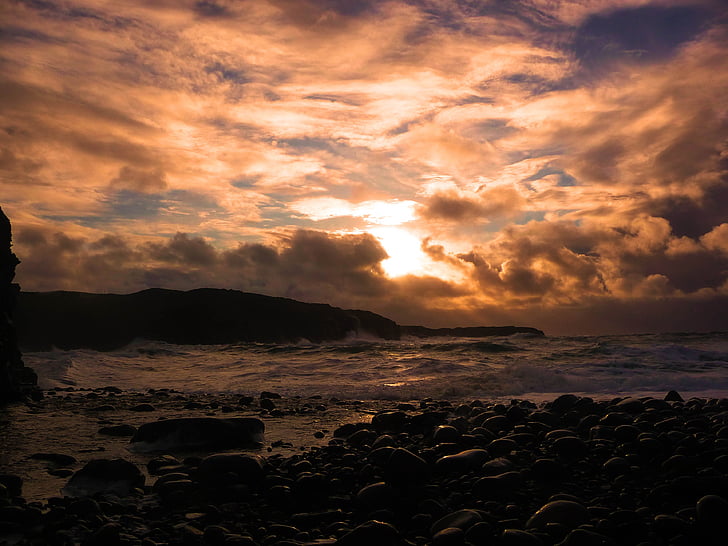 Sonnenuntergang, Strand, Irland, Meer, Küste, Wolken, stürmischen