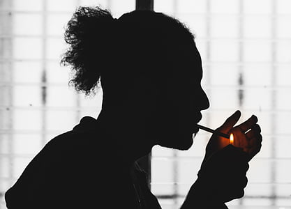 silhouette, person, lighting, cigarette, man, indoors, flame