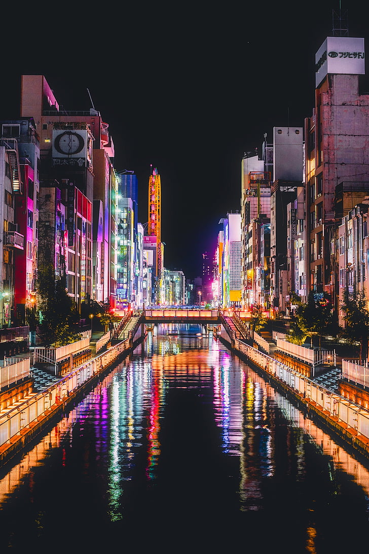 Osaka, Jepang, HDR, Kota, perkotaan, pemandangan kota, lampu