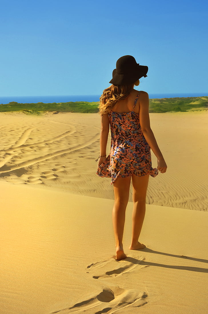 divat, Beach, homok, nő, gyaloglás, nyári, lány