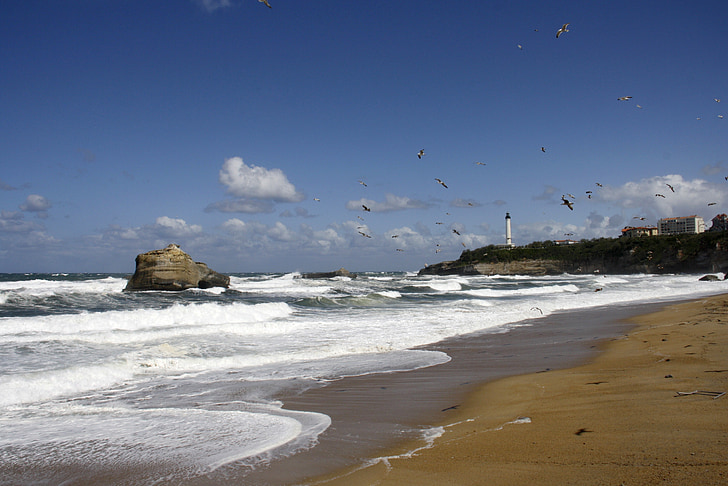 mar, Playa, Faro, Golfo de Vizcaya, sol, paisaje, rocas