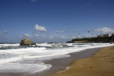 havet, stranden, Lighthouse, Biscayabukten, solen, landskap, Rocks