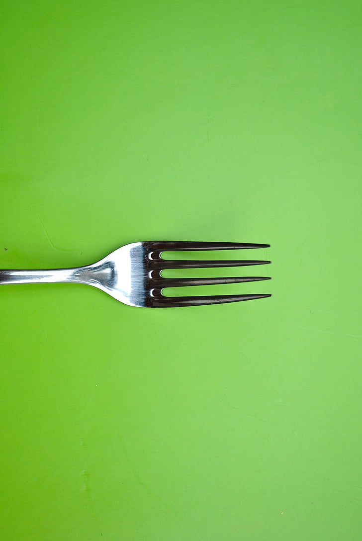 garfo, tela verde, sala de jantar, restaurante, jantar