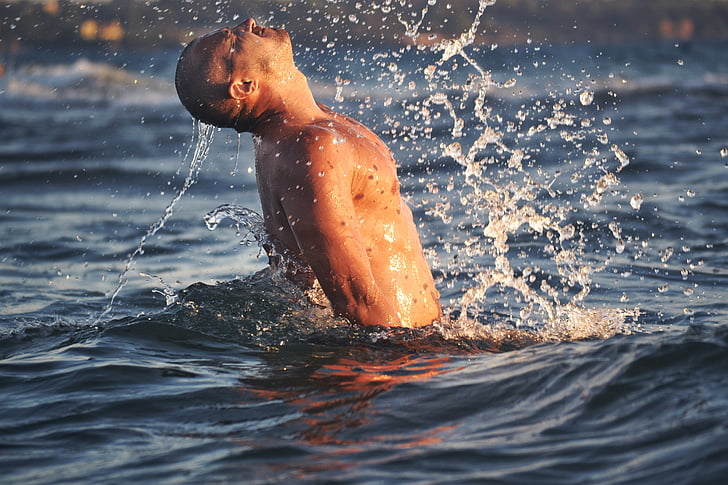 water splash in the sea, man, muscles, sea, water, splash, summer