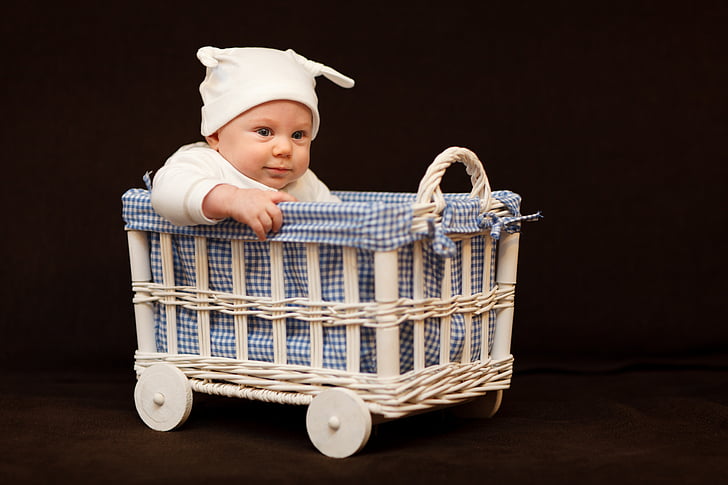 beba, bijeli, vrh, jahanje, smeđa, bassinet, dječak
