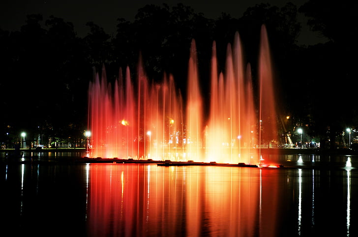 Ibirapuera-parken, lys, natt, vannet viser, farge, fargerike, opptog