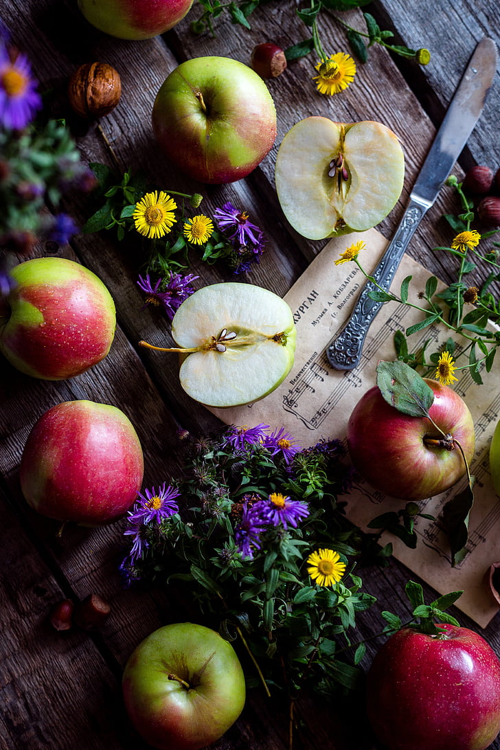 apples, garden, wooden desk, still life, apple orchard, apple, fruit