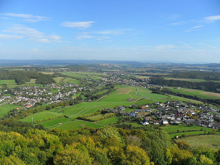 brohltal, краєвид, olbrück замок, регіоні Eifel, хмари, Сонячно, Outlook