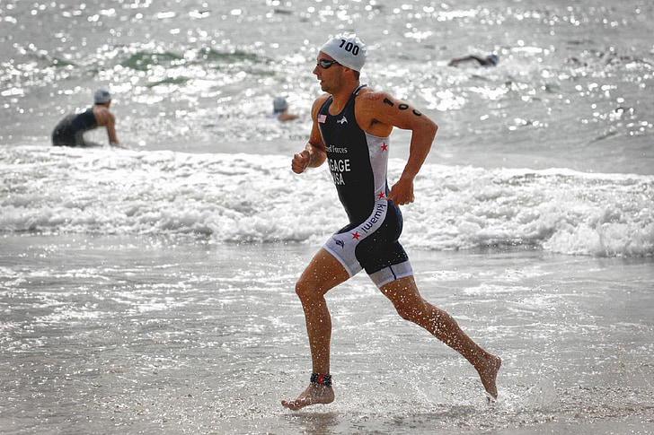 runner, competition, triathalon, beach, athlete, fitness, man