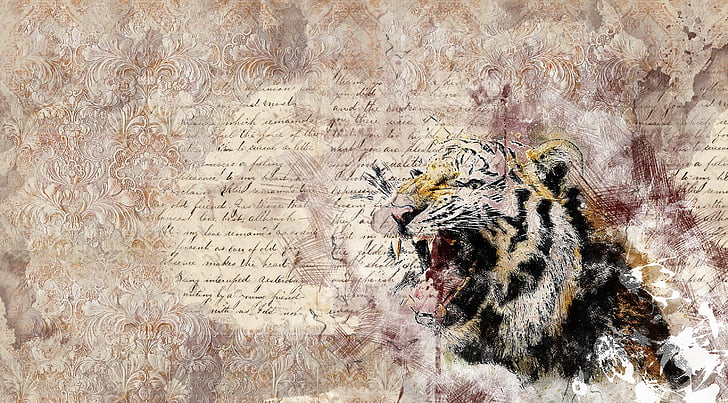 tiger, roaring, art, abstract, scrapbooking, vintage, page