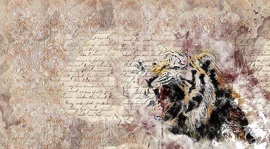 Tiger, brølende, kunst, abstrakt, scrapbooking, vintage, side