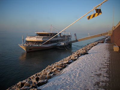 ferry, arranque, Emmerich, Rin, Rheinbrücke, nieve, invierno