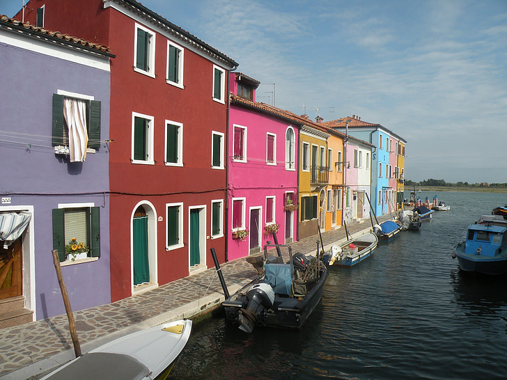 burano, italy, canal, water, boats, buildings, waterway