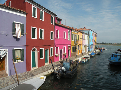 Бурано, Италия, канал, вода, лодки, сгради, воден път