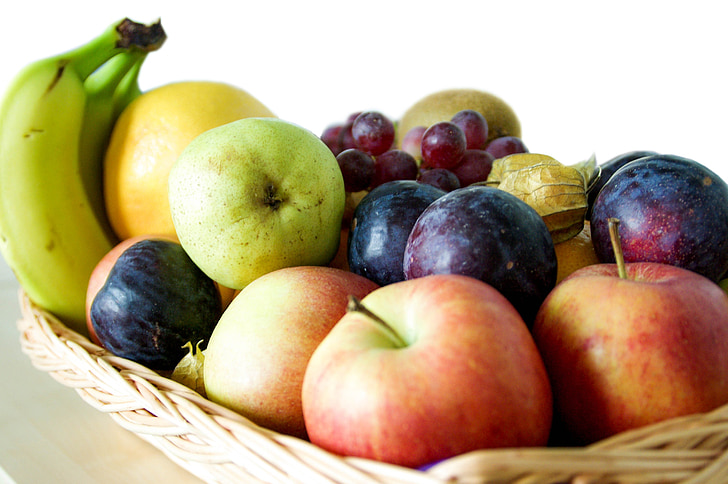 fruta, cesta, plátano, Apple, pera, ciruelo, uvas
